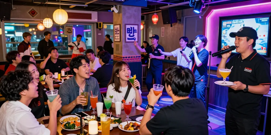 Experience 제주도유흥 in a lively karaoke bar with cheerful guests enjoying drinks and singing.