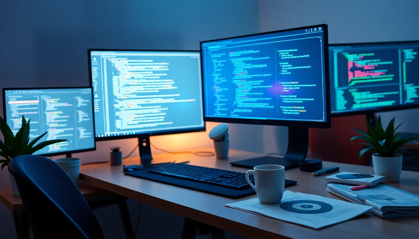 Dynamic software engineering workspace with coding screens and innovative atmosphere.