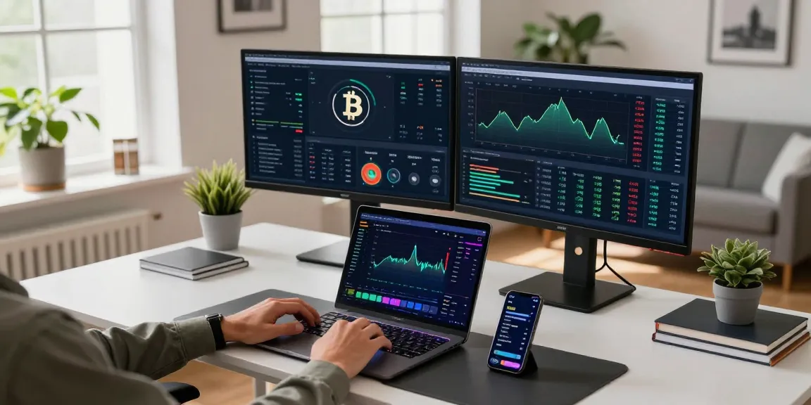 Bitcoin cloud mining workspace with dual monitors, cryptocurrency data, and digital wallet on display.