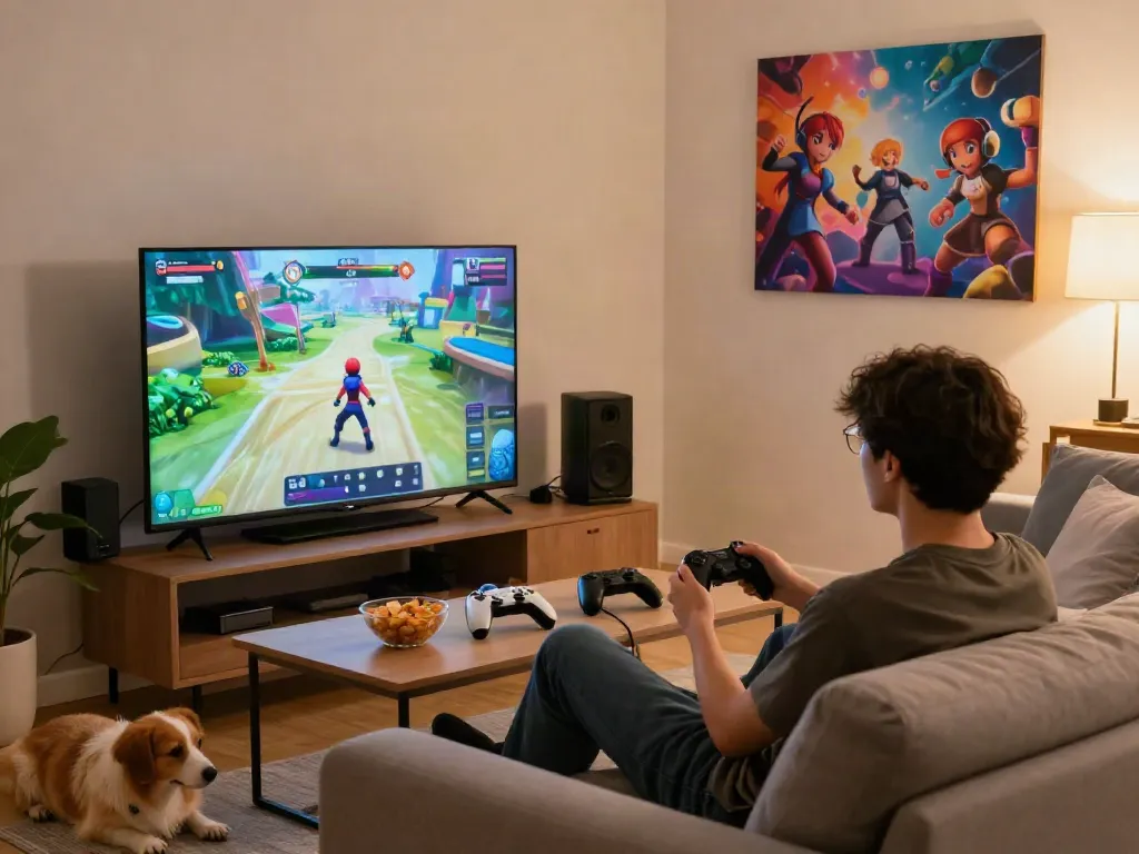 Gamer melakukan jptoto login dengan nyaman di ruang tamu yang cerah.
