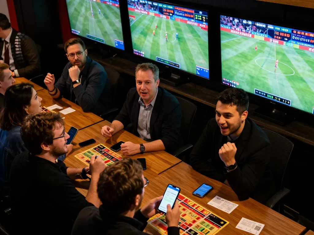Betting enthusiasts engaged in live sports betting at https://n188.build/ showing game stats and cheerful interactions.