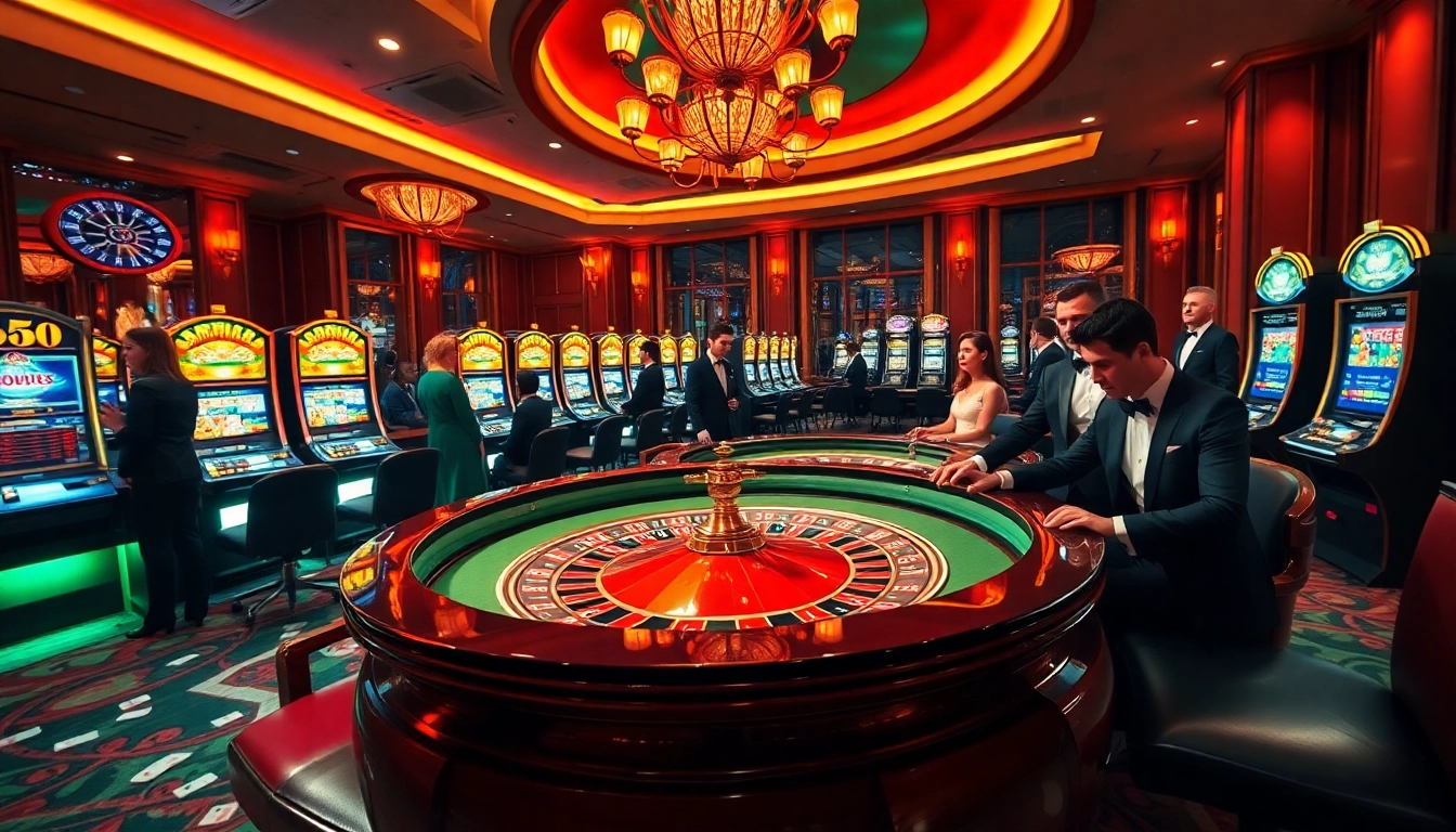 j88vip1 presents an exhilarating casino scene with players at roulette tables and vibrant slot machines.