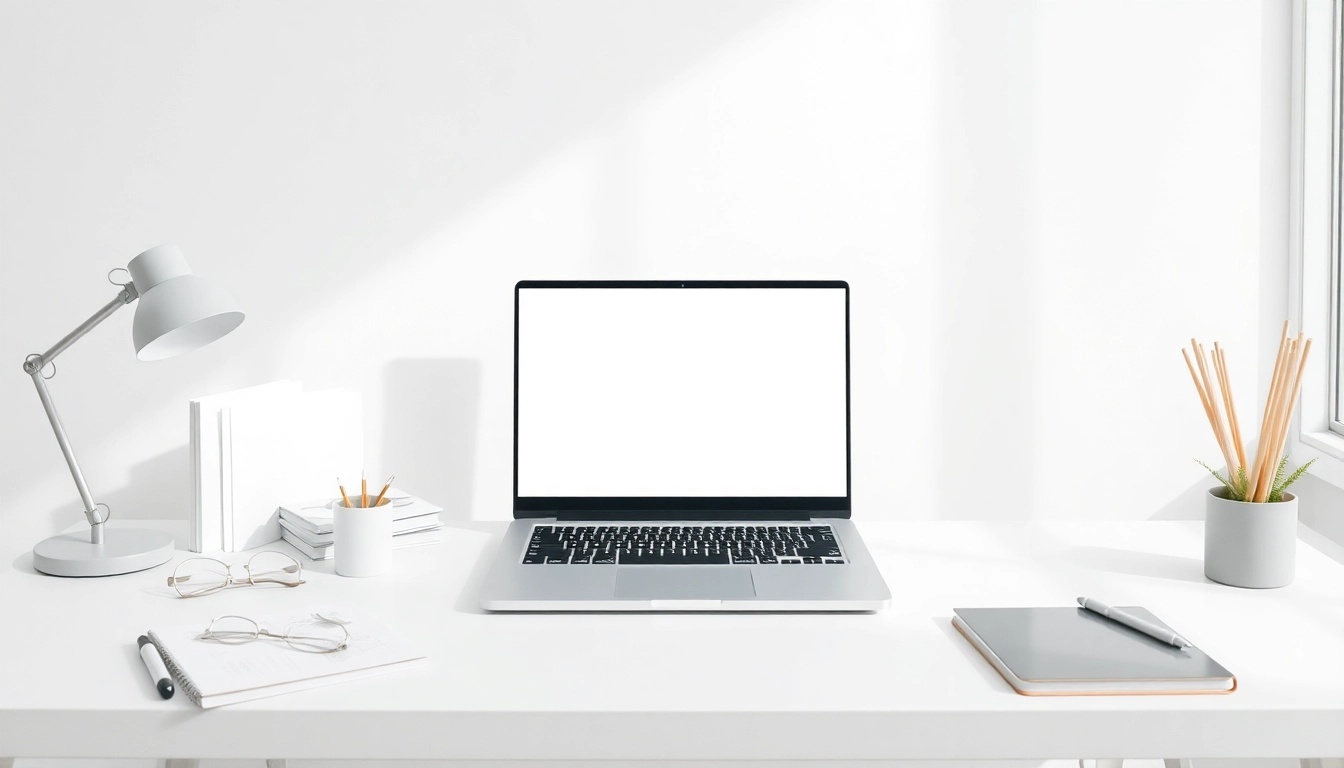 Bright minimalist workspace showcasing a white background website on a laptop for focus and creativity.
