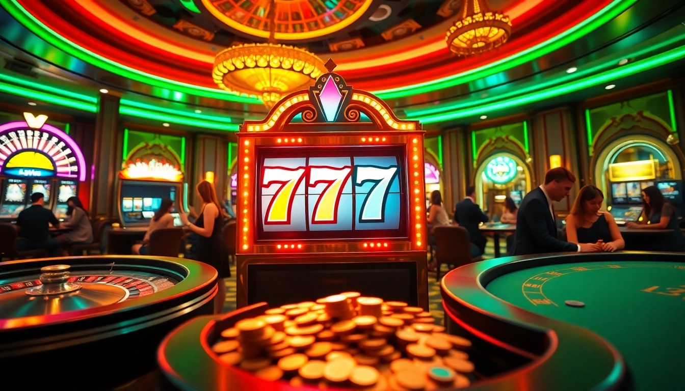 Gambling excitement at a vibrant slot 777 machine in a luxurious casino.