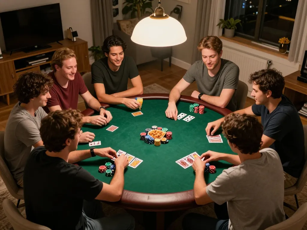 Engaged friends enjoying a friendly poker game at home, emphasizing social fun with alexis77 strategy.