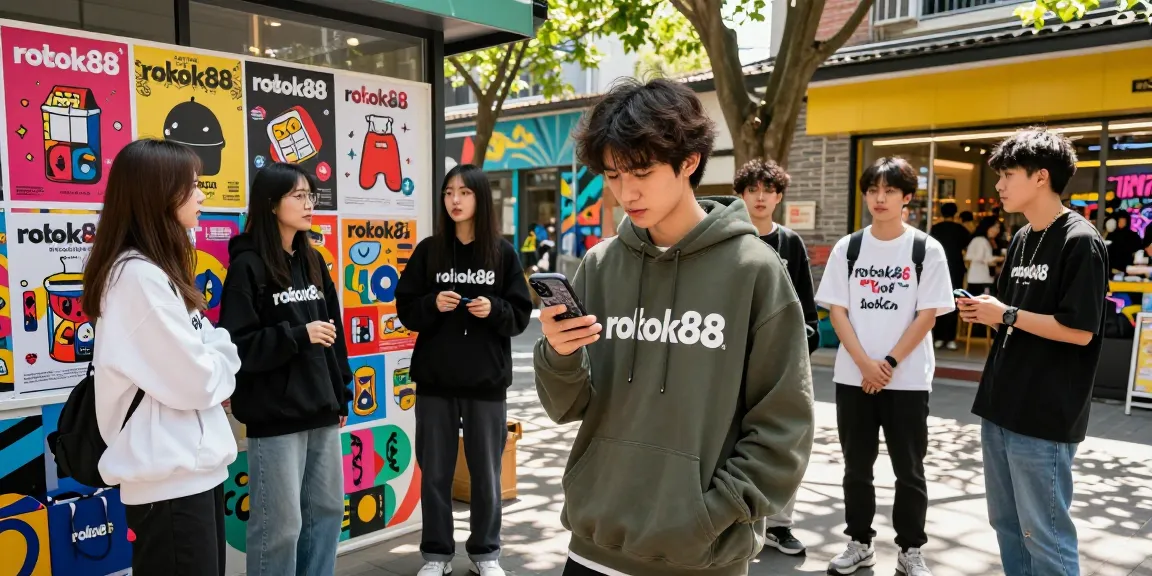 Youth enjoying rokok88-themed merchandise in an urban setting, showcasing community and culture.