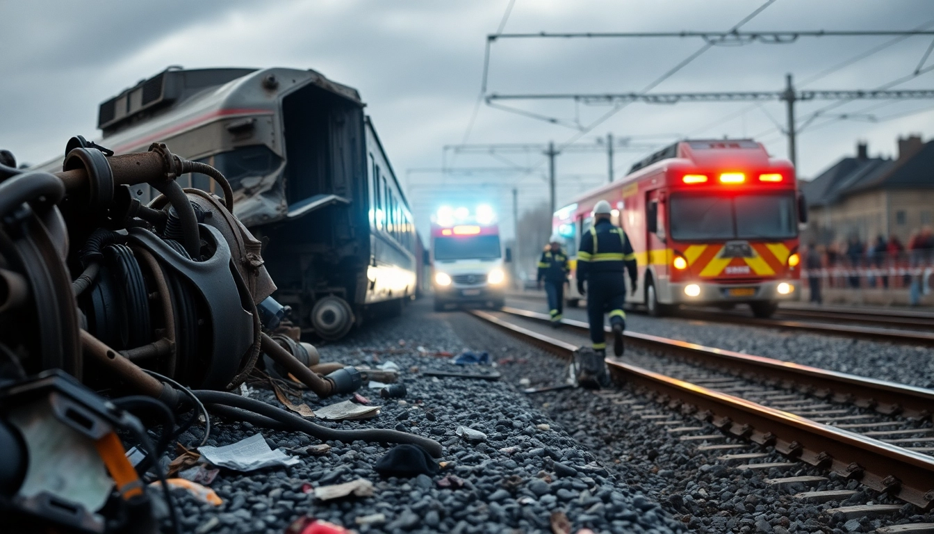 Detailed scene of a spain train crash showing emergency responders aiding victims at a chaotic site.