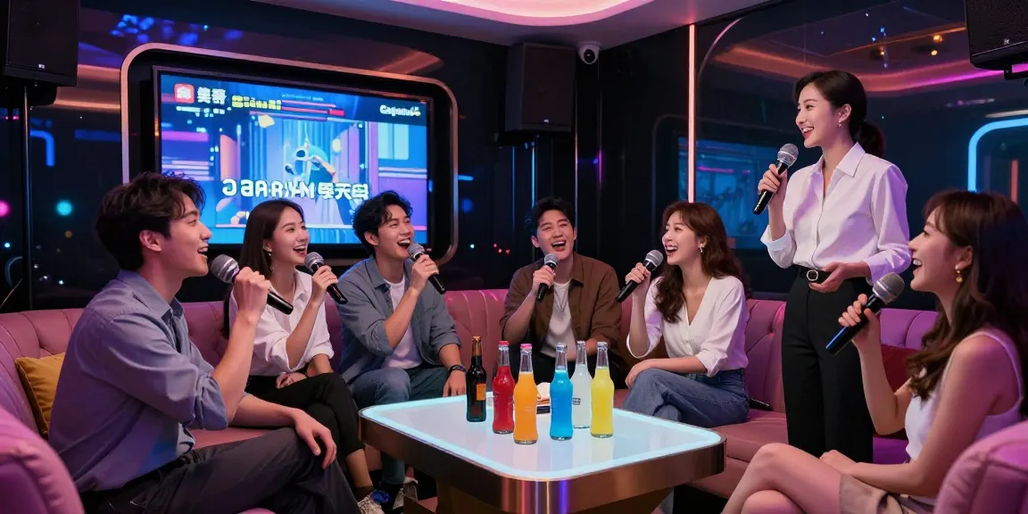 강남가라오케에서 친구들과 함께 즐거운 시간을 보내는 장면, 친구들과 함께하는 고급 분위기와 프라이빗한 노래방 경험