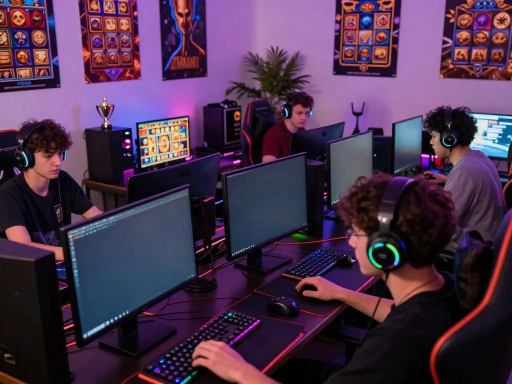 Para gamer bermain slot777 di ruang permainan modern dengan monitor dan peralatan gaming berwarna-warni.