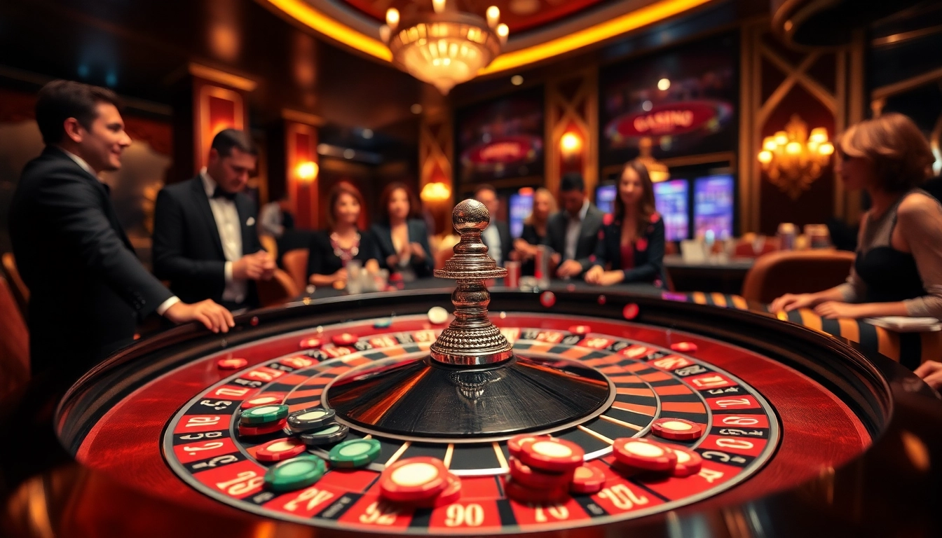 Aksi permainan casino online dengan meja roulette yang ramai dan pemain terlibat.