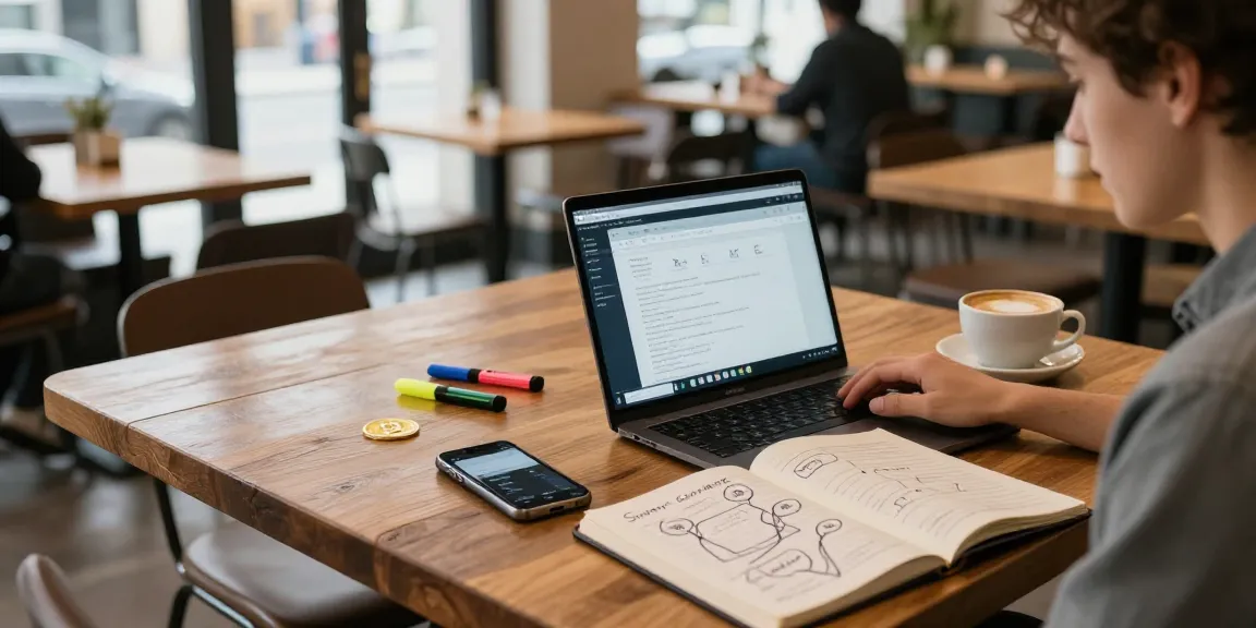 Crypto cloud mining illustrated in a cozy coffee shop study, person analyzing blockchain documentation with laptop and notes.