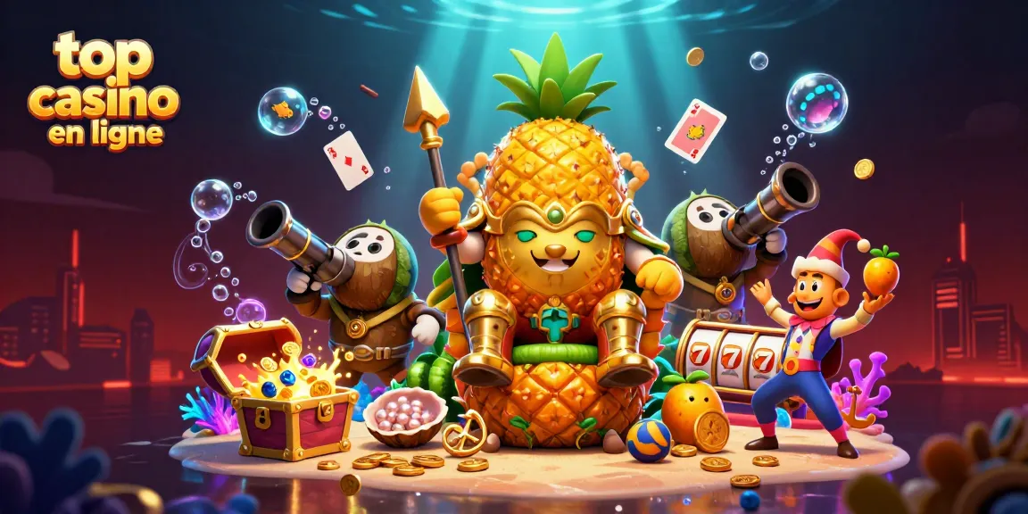 Gagnez avec le top casino en ligne, illustration d'un roi ananas entouré d'une ambiance festive.