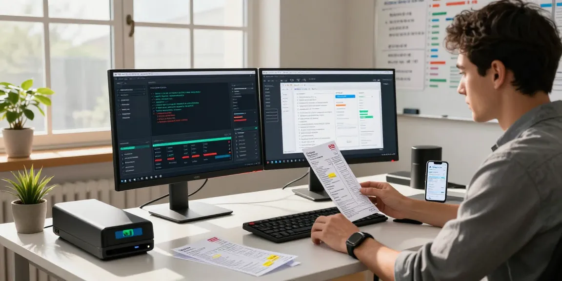 Tech expert analyzing digital receipts to detect fake receipt discrepancies in a modern workspace.