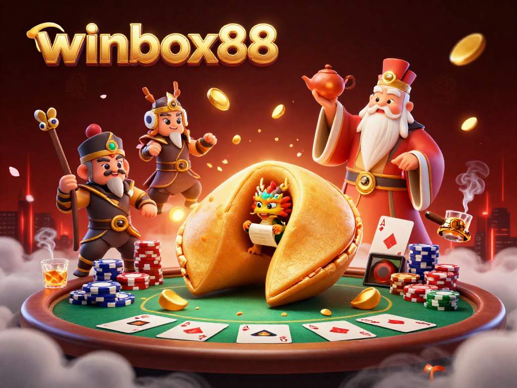 Winbox88 casino illustrates magic with a dragon reading fortunes in a casino filled with poker chips.
