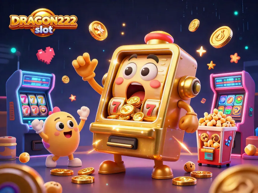 Experience the excitement of DRAGON222 slot with a joyful golden slot machine winning jackpot amidst cheers and colorful gaming elements.