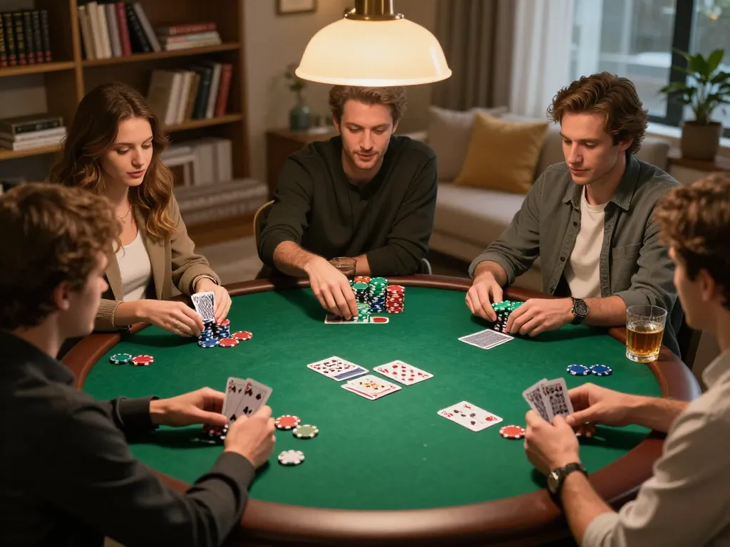 The friends are enjoying a warm home poker night experience with 56 WIN visible in poker chips and cards.