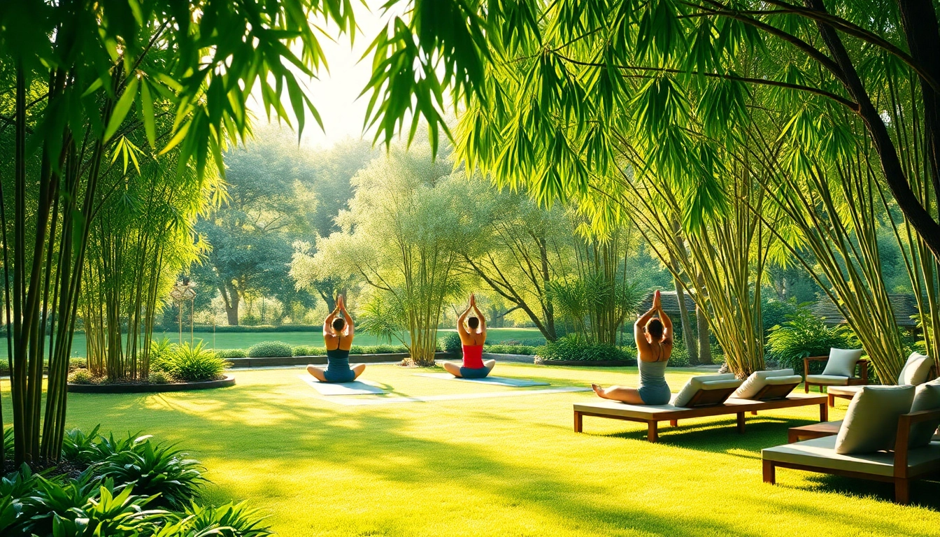 Engaging scene of a wellness retreat where participants enjoy yoga in a serene garden.