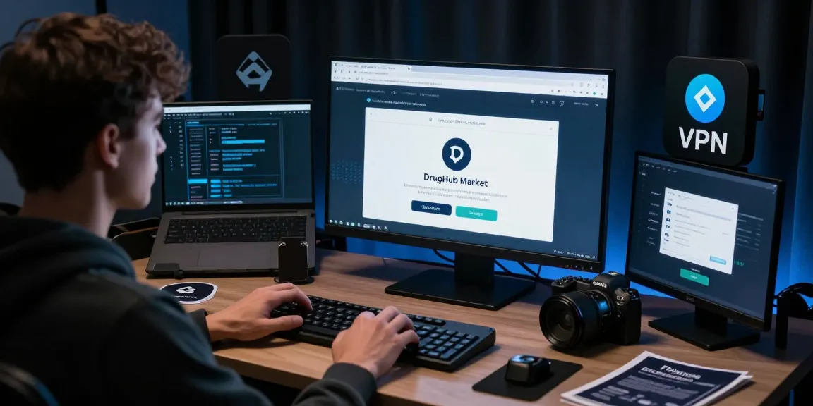 Accessing DrugHub Market Link, XMR-only darknet marketplace showcasing Monero transactions and cybersecurity tools.