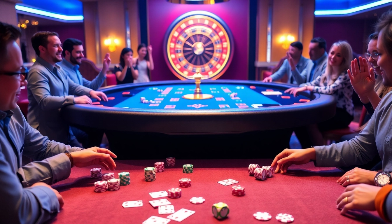 Exciting PS99 casino scene with vibrant gaming tables, poker chips, and cheerful gamblers.