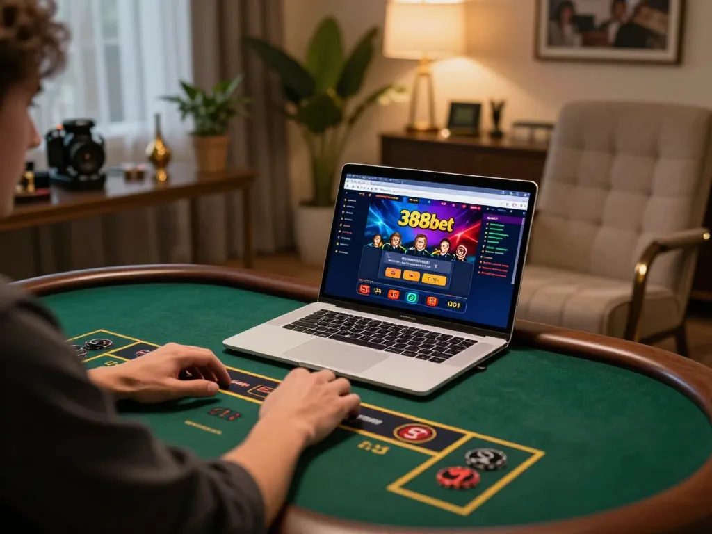 Engaging in live casino gaming on 388bet with a laptop in a stylish home office setting.