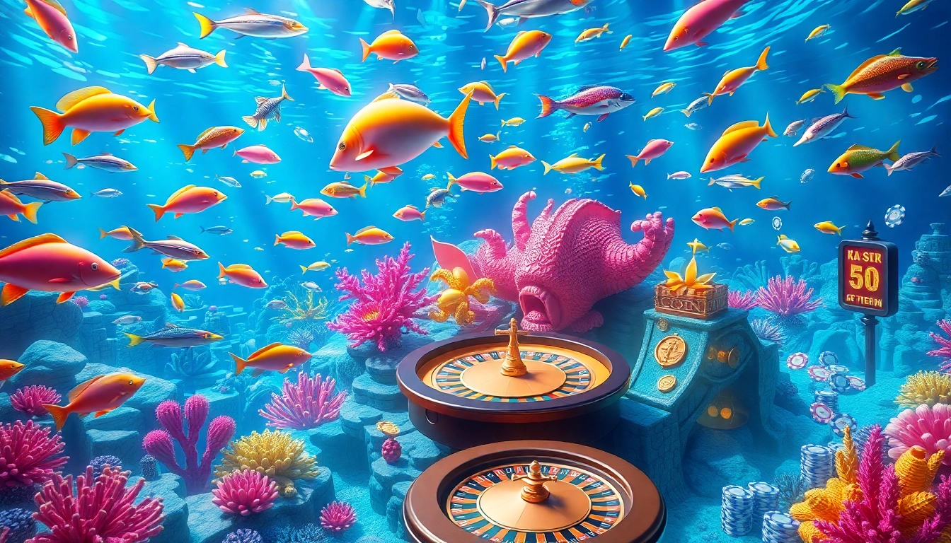 Experience the thrill of bắn cá đổi thưởng in a vibrant underwater casino scene.