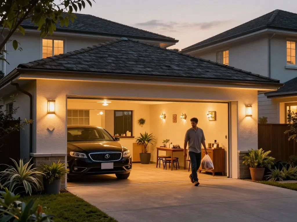 Beautiful outdoor garage lights illuminating a charming garage exterior at twilight, enhancing curb appeal and inviting warmth.