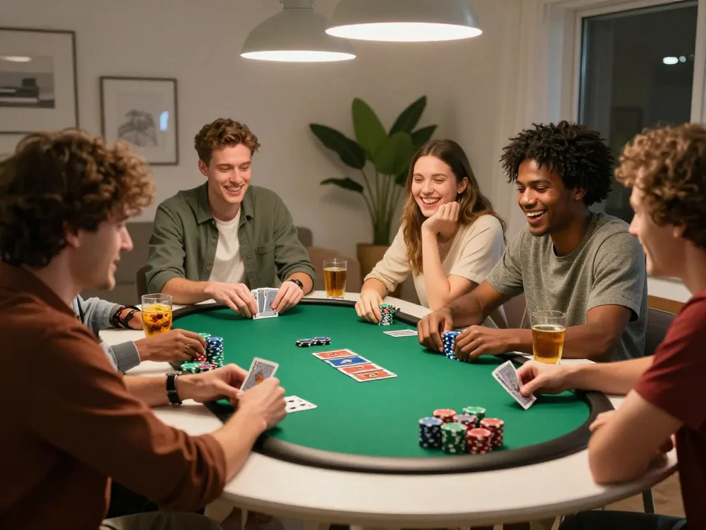 Xoilac friends enjoy a lively poker night, showcasing strategy and excitement in a cozy home setting.