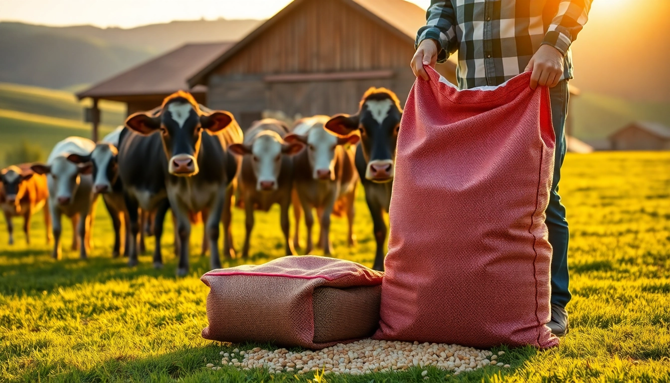 Cattle Feed nourishment on a vibrant farm with grazing cattle and a farmer inspecting feed.