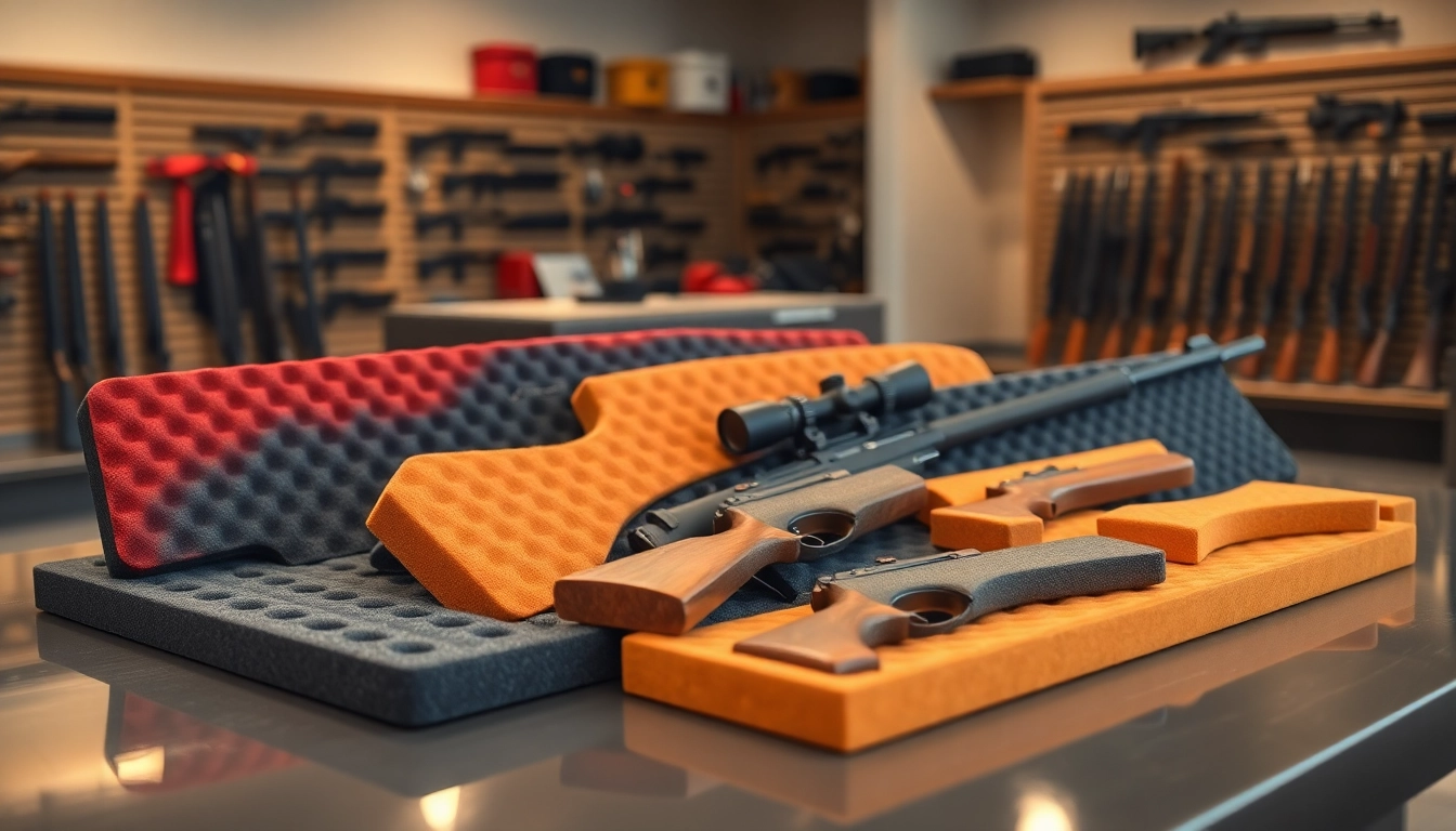Showcase of foam for rifle case with colorful inserts displayed on a modern table.