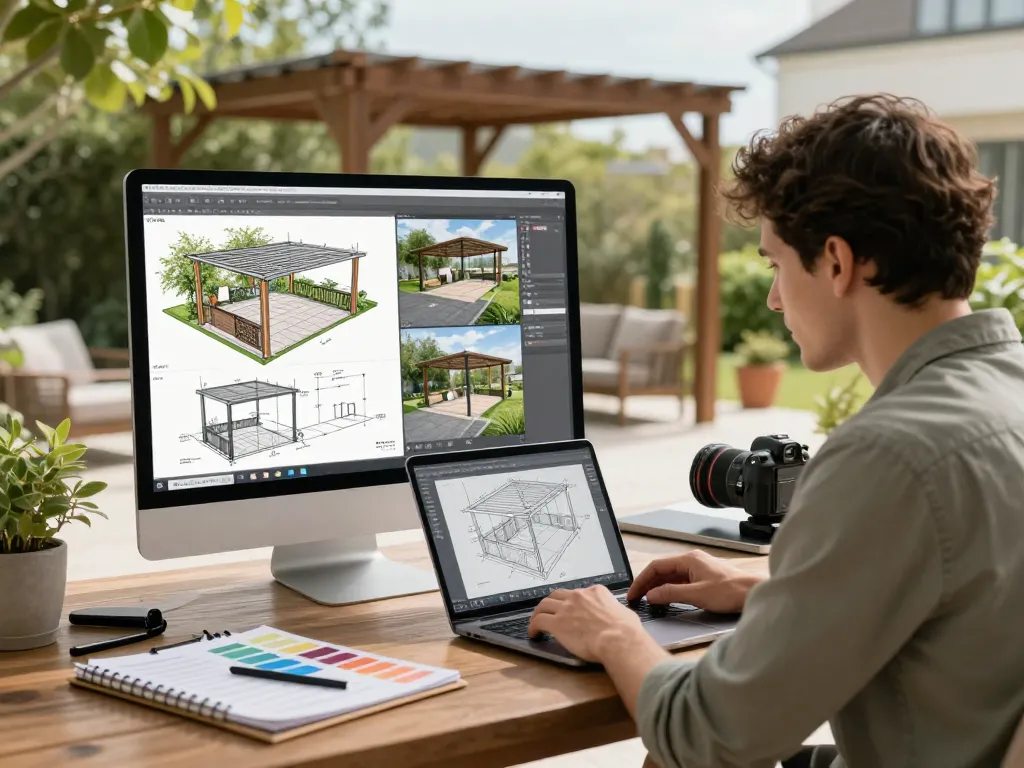 Designer utilizing software configuratore pergole for custom pergola designs in a bright outdoor setting.