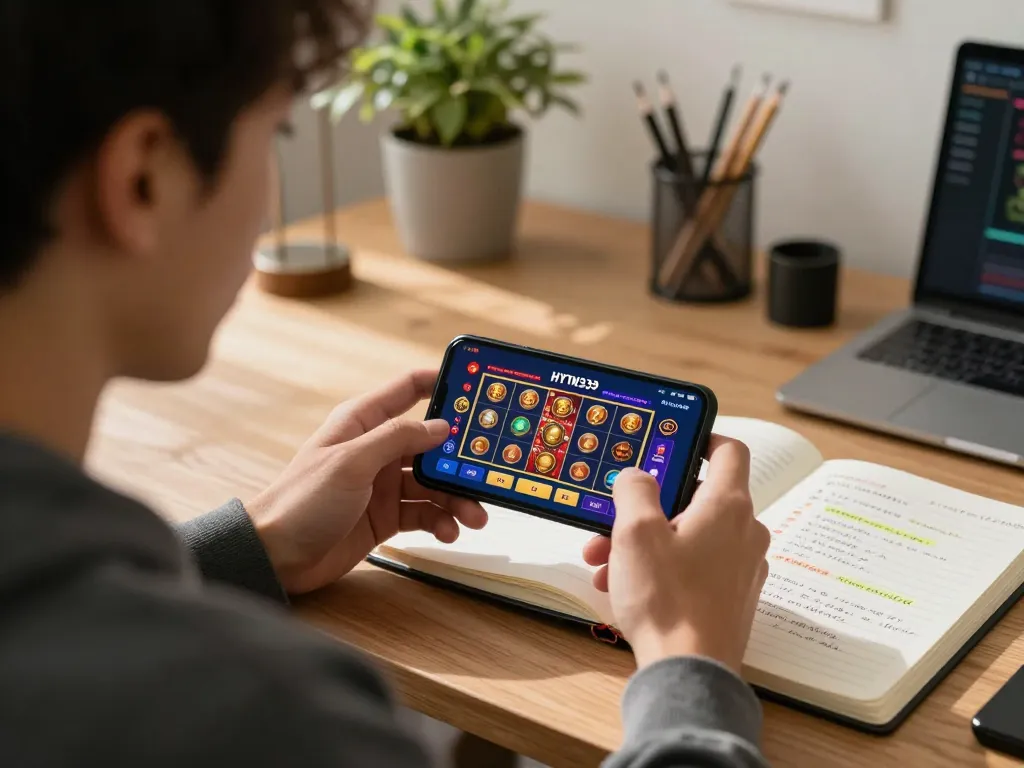 Engaging in hytw3339 đăng nhập on mobile app, showcasing online casino gameplay at cozy home