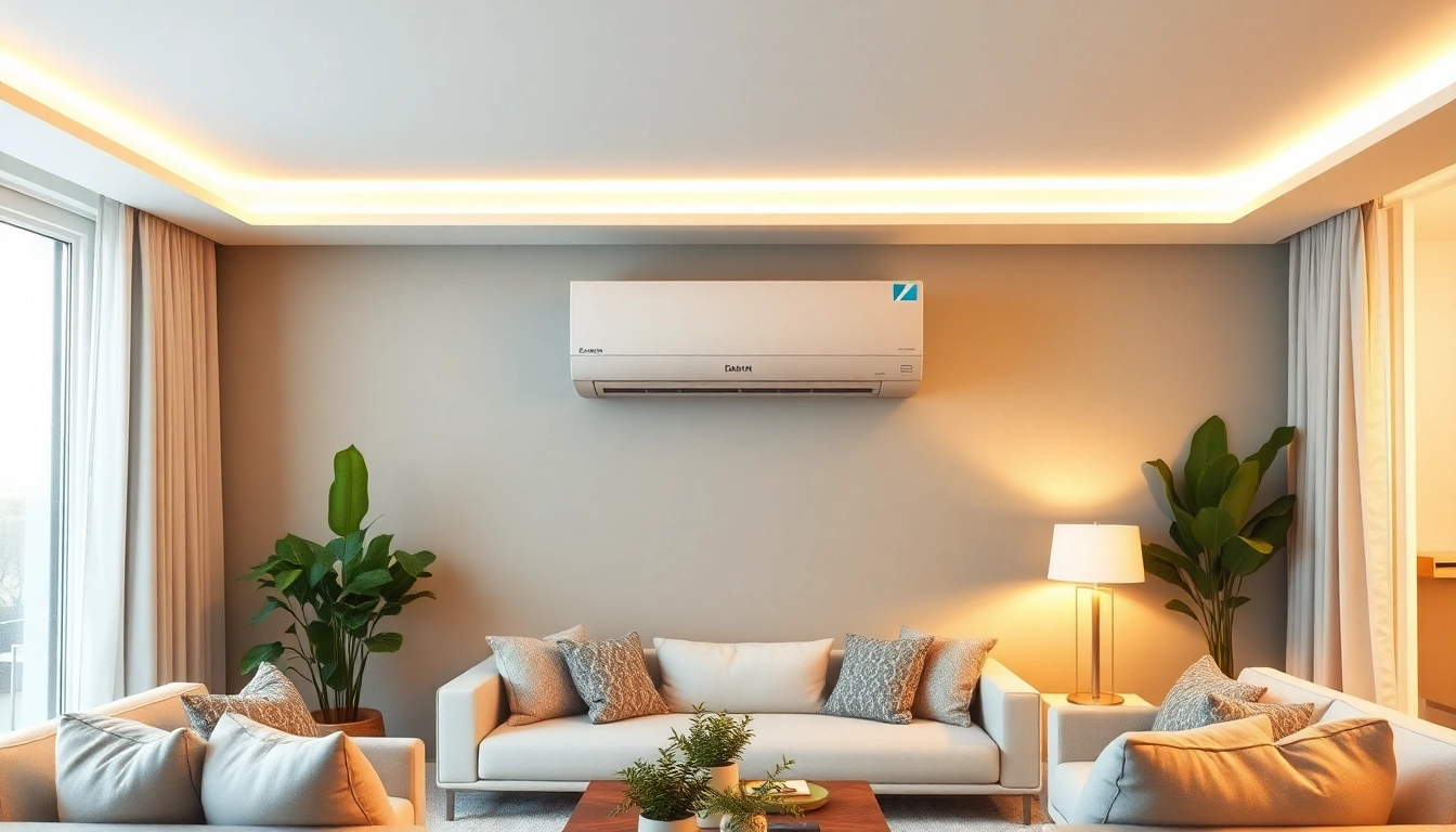 Install a Daikin mini split AC in a stylish living room with a modern aesthetic.