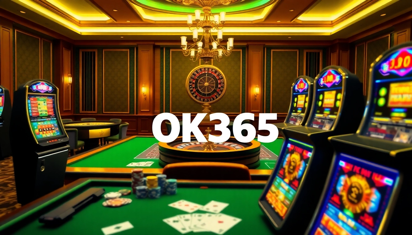 Exciting gambling scene at OK365 with poker tables, roulette, and vibrant slot machines.