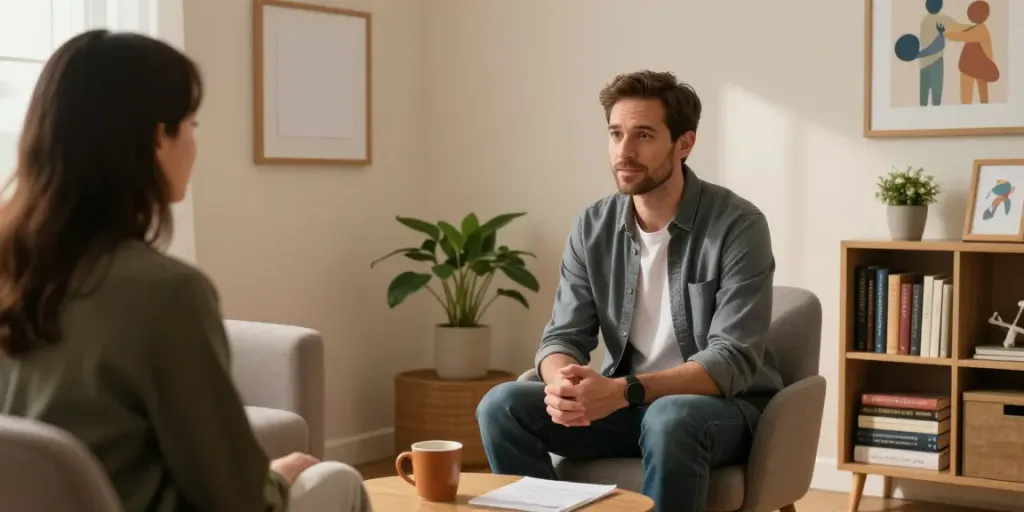 Male therapist Robert engaging with a client in his warm Murfreesboro TN office.