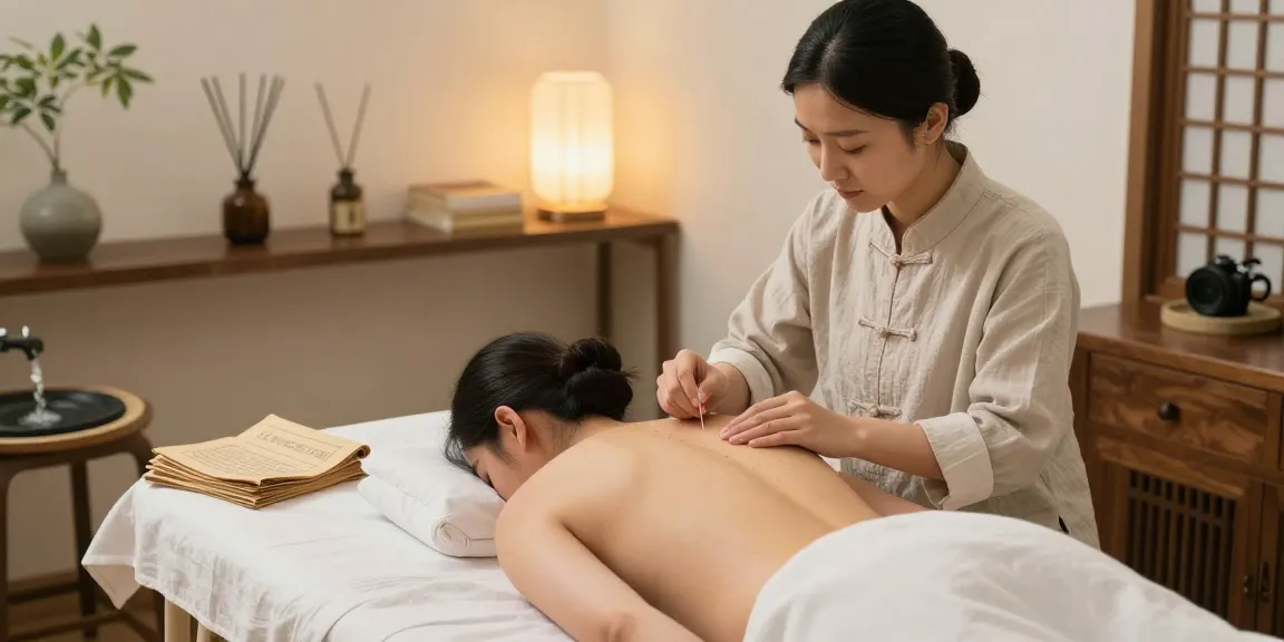 Healing therapy at 영통한의원 with acupuncture treatment in a tranquil room.