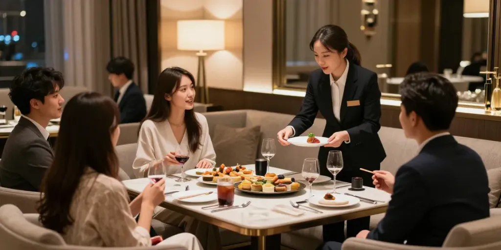 강남구구단에서의 고급스러운 독립 룸에서 친구들과 즐거운 시간을 보내는 모습입니다.