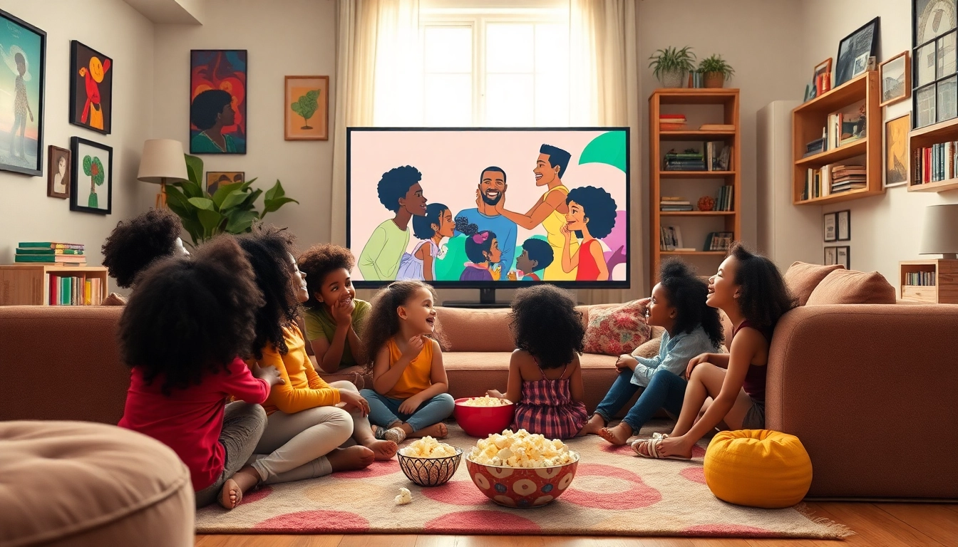 A diverse group of children enjoying African American cartoons in a cozy living room.