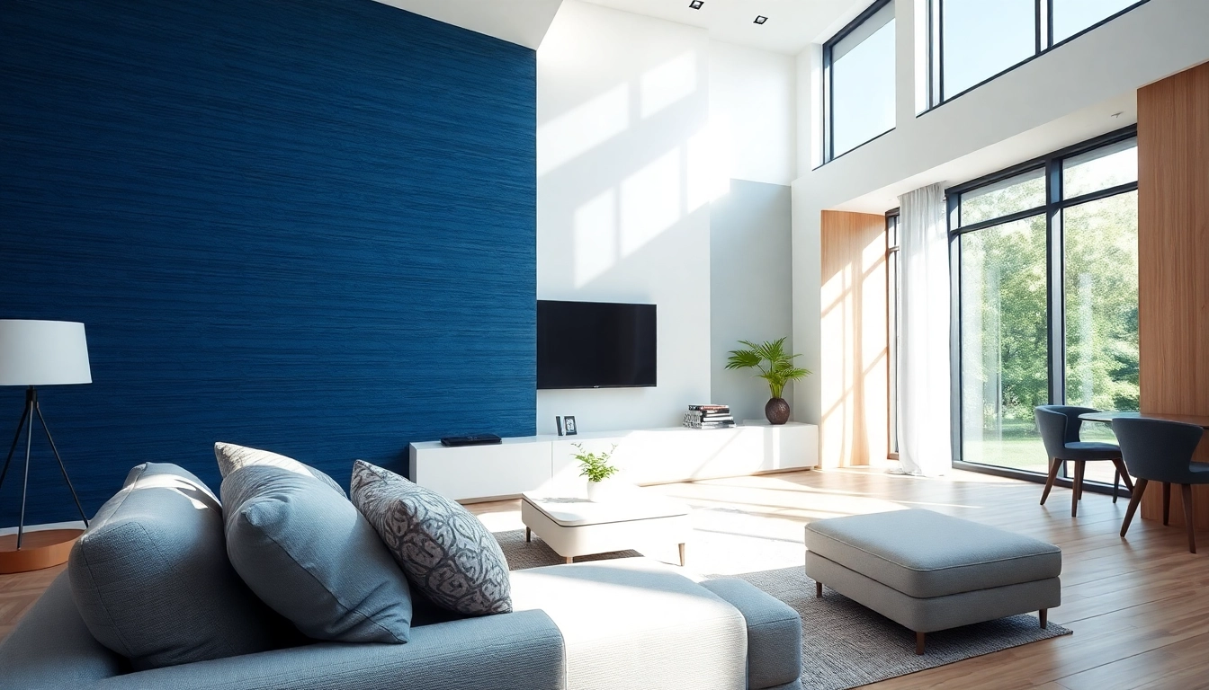 Stylish living room accent walls featuring textured blue design and modern decor elements.
