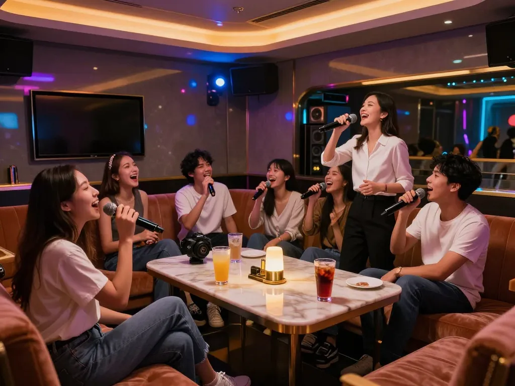 활기찬 노래방 장면이 3no.org/bupyeong의 엔터테인먼트 분위기를 보여주며 손님들이 음악과 음료를 즐기는 모습을 통해 생동감 넘치는 야경 경험을 강조합니다.