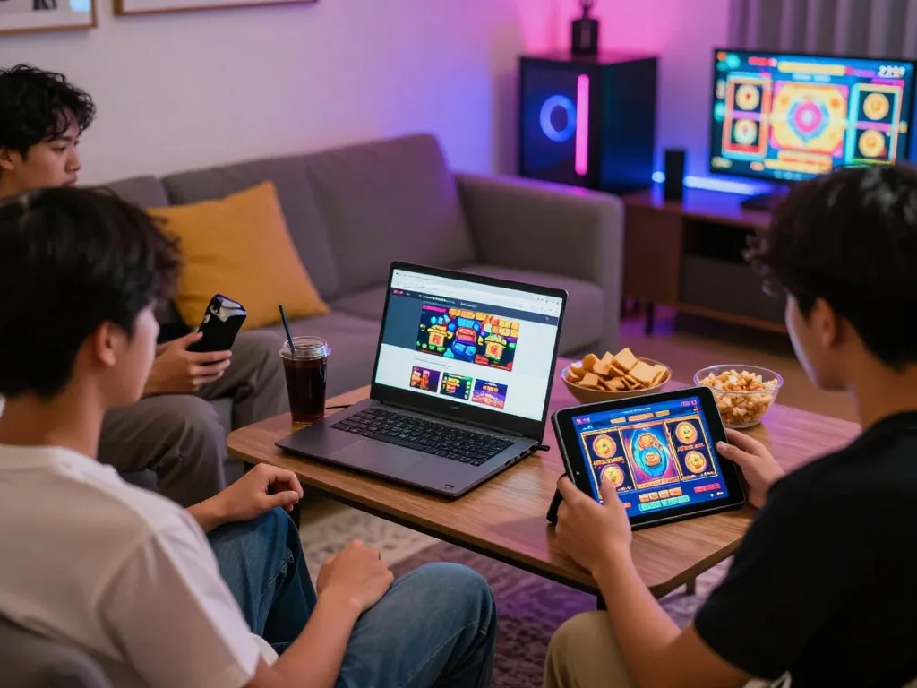 Exciting home gaming scene showing players enjoying situs slot gacor online slots with vibrant LED lighting.
