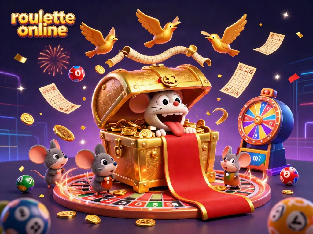 Spin the roulette online with vibrant elements and a treasure chest filled with coins.