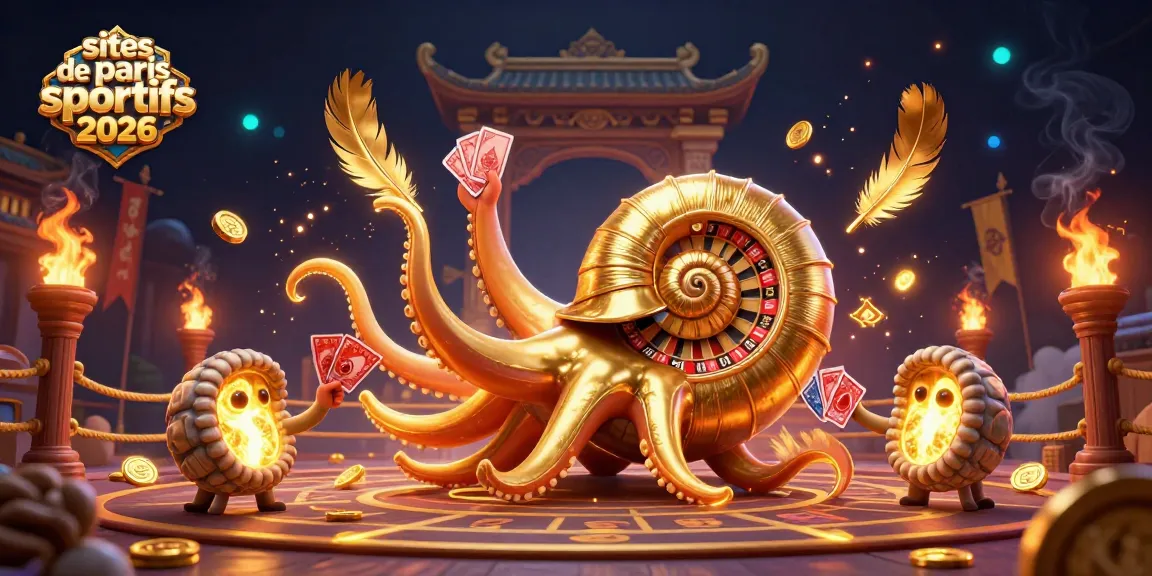 Visuel dynamique de sites de paris sportifs 2026 avec une nautilus géante animée et des éléments de jeu captivants.