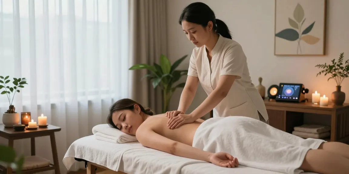 마사지 중인 고객과 아로마 향기 가득한 편안한 마사지 룸