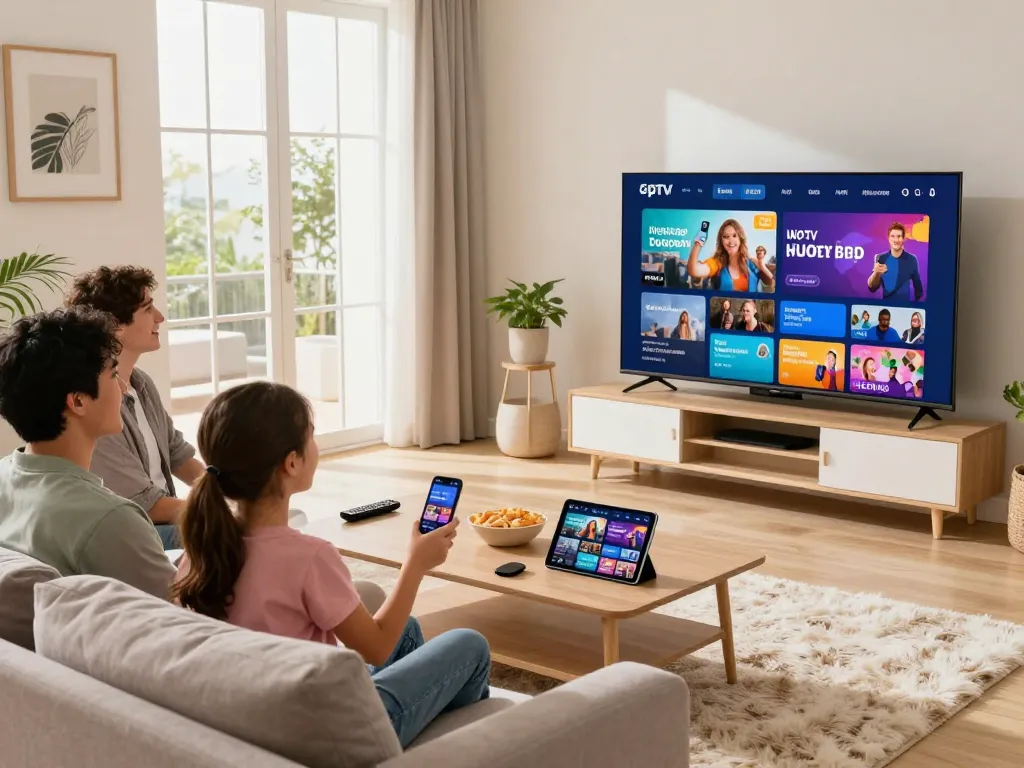 Gezin geniet van IPTV kopen op een Smart TV in een gezellige woonkamer.