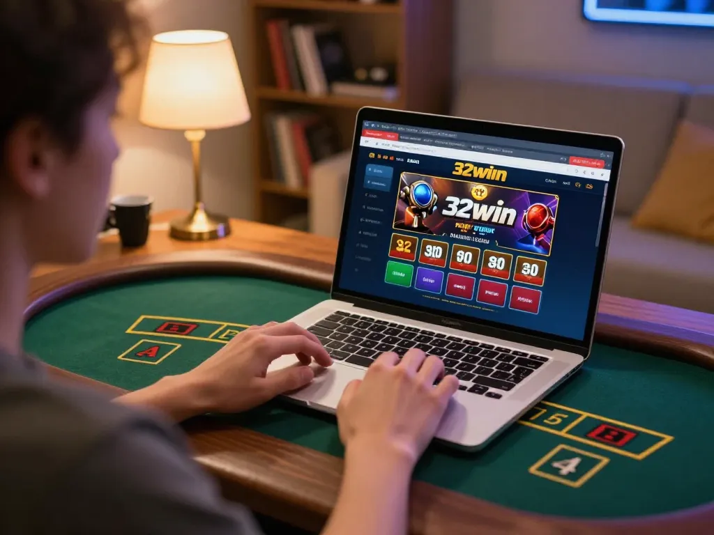 Player placing a bet on the 32win online casino interface in a warm home setting.