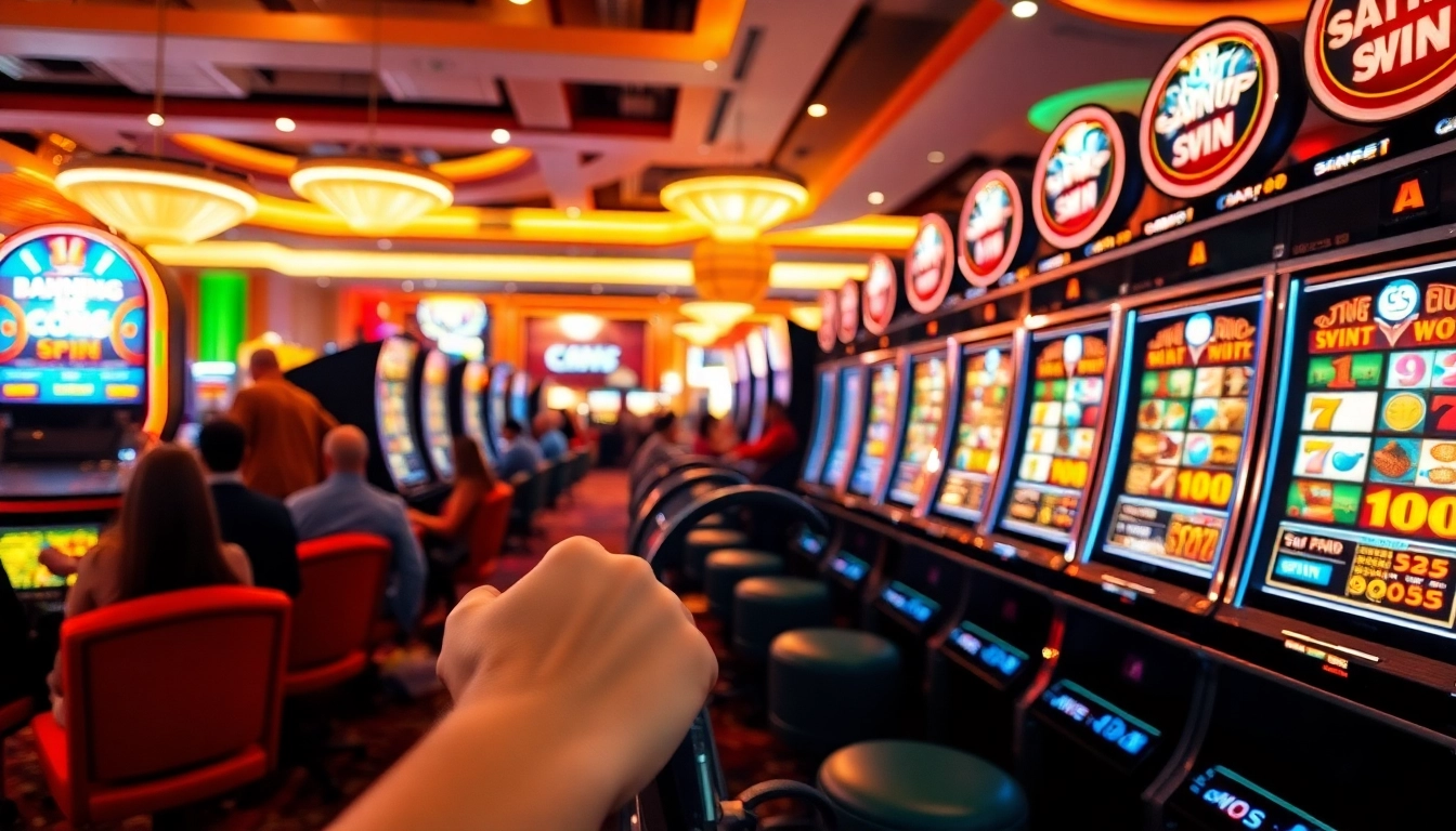 Main bandar slot machines in a lively casino with colorful lights and excited players.