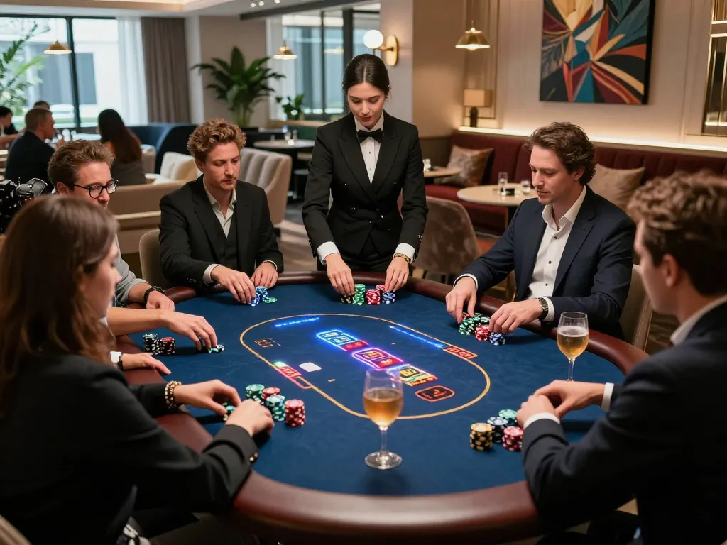 Engaged players at https://bong99.pro/ high-stakes poker game in a vibrant casino lounge.