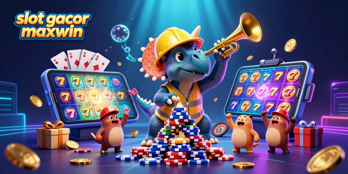 Experience the excitement of slot gacor maxwin as a triceratops builds a vibrant poker chip pyramid amidst celebratory elements.