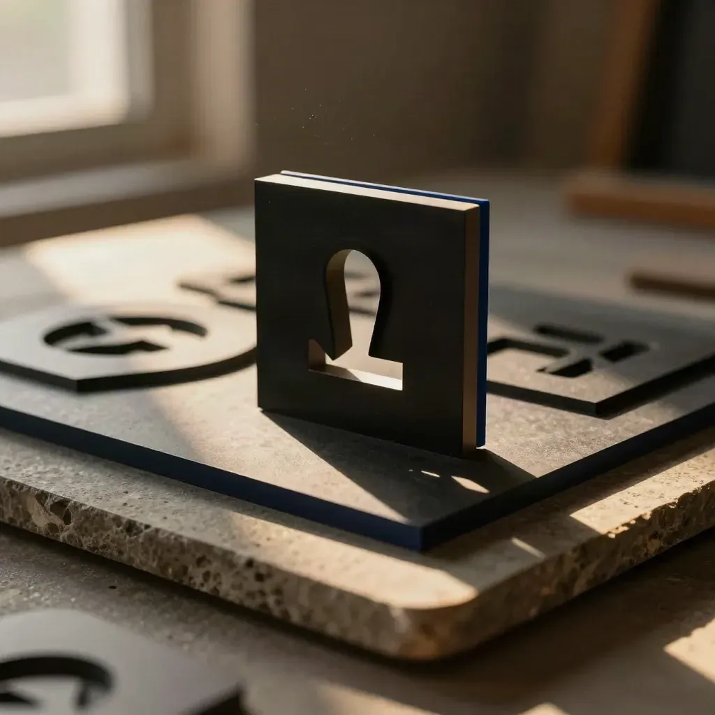 Logo design maquettes and a black acrylic stencil block on stone in warm side light.