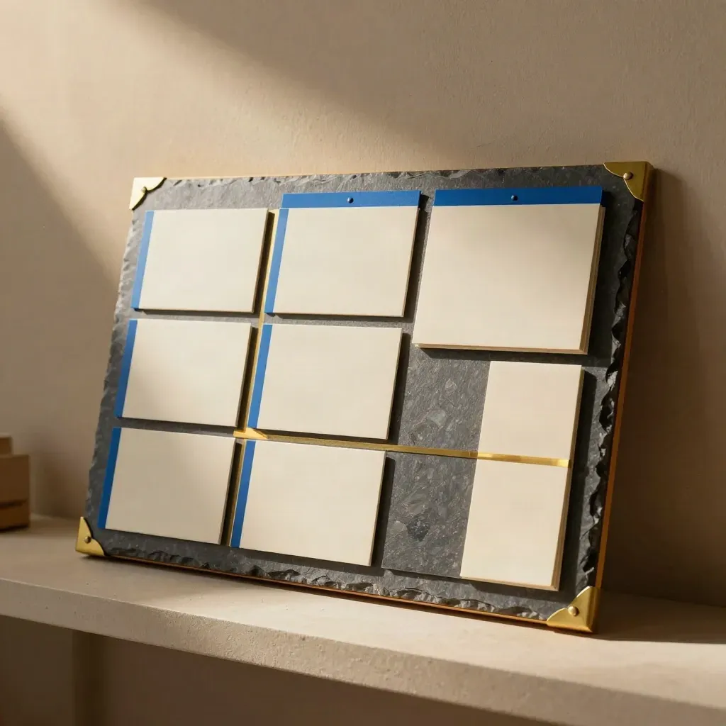Brand positioning board with ivory cards, slate chips, and brass divider on warm plaster.